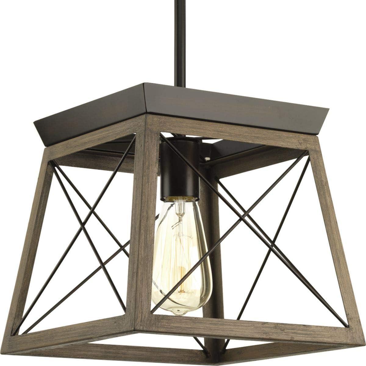 Progress Lighting Briarwood 1-Light Mini-Pendant, Antique Bronze, Steel, Faux-Painted Wood Enclosure