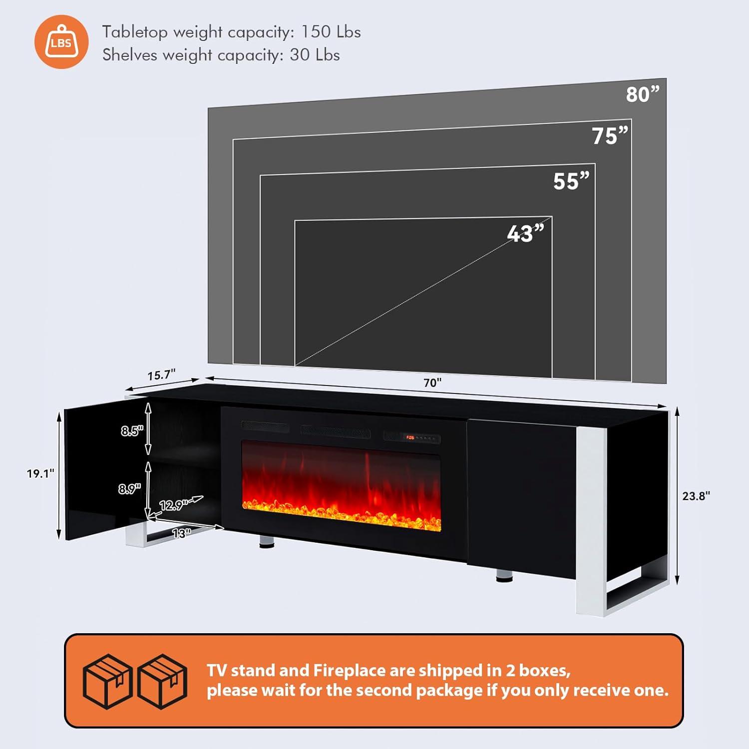 oneinmil Fireplace TV Stand with 36" Electric Fireplace, LED Light Entertainment Center, Modern Wood Texture Entertainment Stand with Highlight Storage Cabinet for TVs Up to 80", 70 inches, Black