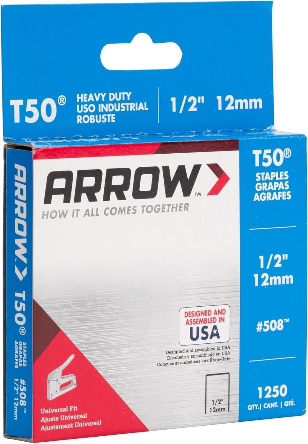 Arrow 508 Heavy Duty T50 1/2" Leg Length, 3/8" Crown, Staples, Heavy Duty, for General Repairs, DIY, Home Improvement, New