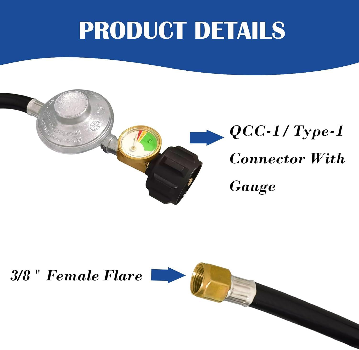 Gas One, 3 ft, QCC1 Propane Regulator and Hose Gas Line Connector