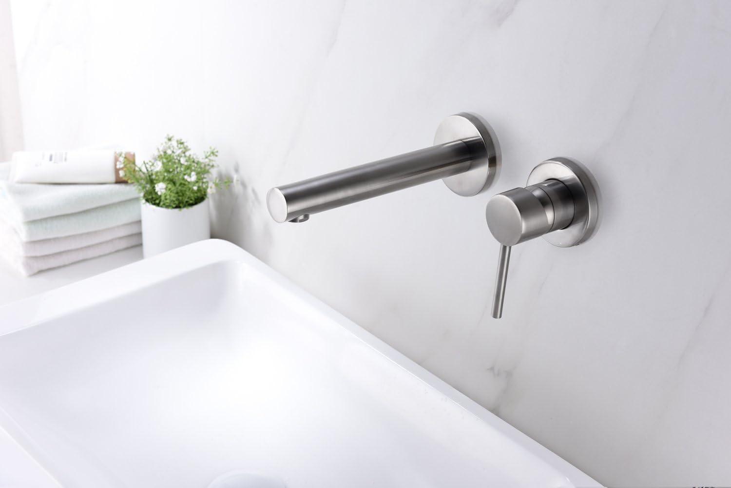 Brushed Nickel Wall-Mount Bathroom Faucet with Lever Handle