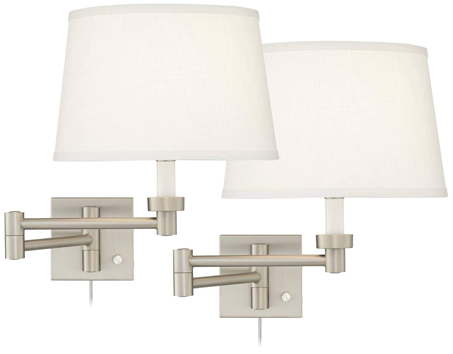 Possini Euro Design Modern Swing Arm Wall Lamps Set of 2 Brushed Nickel Plug-In Light Fixture White Drum Shade for Bedroom Bedside