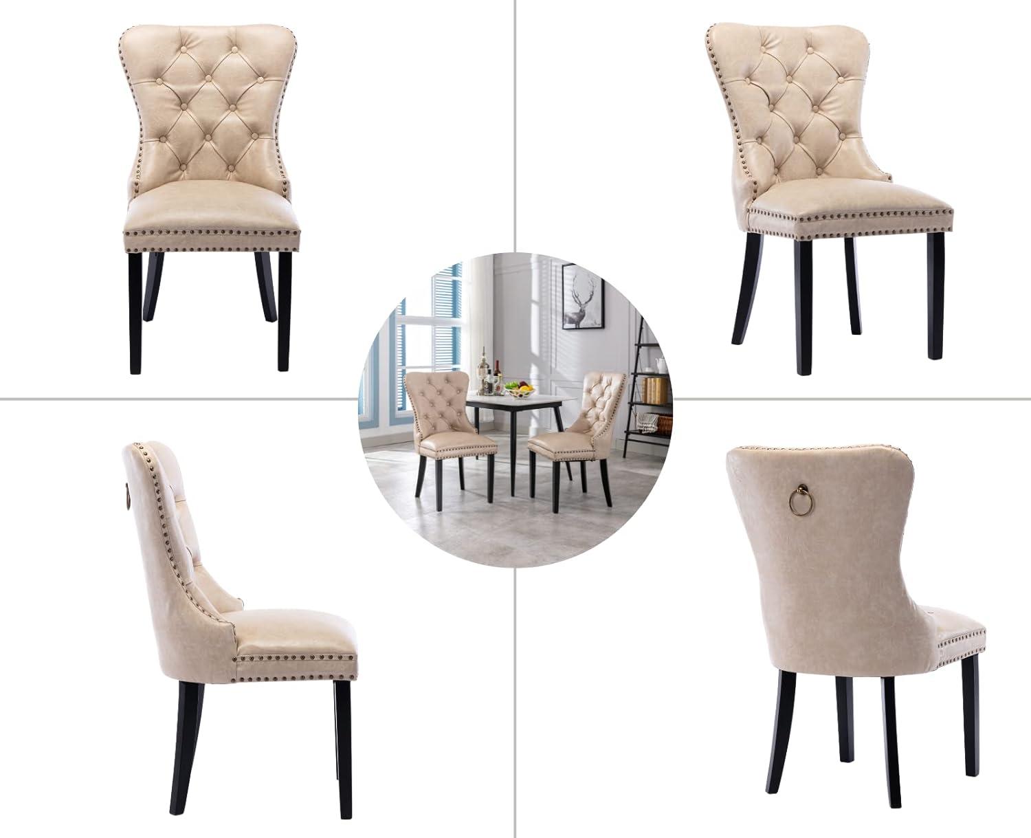 ODUSE-DAILY Velvet Dining Chairs Set of 6, Kitchen & Dining Room Chairs, Nailheads Tufted Chair, Sillas De Comedor, Two-Tone Fabric Upholstered, Wood Legs (Beige & Patterned, 6 Pcs)