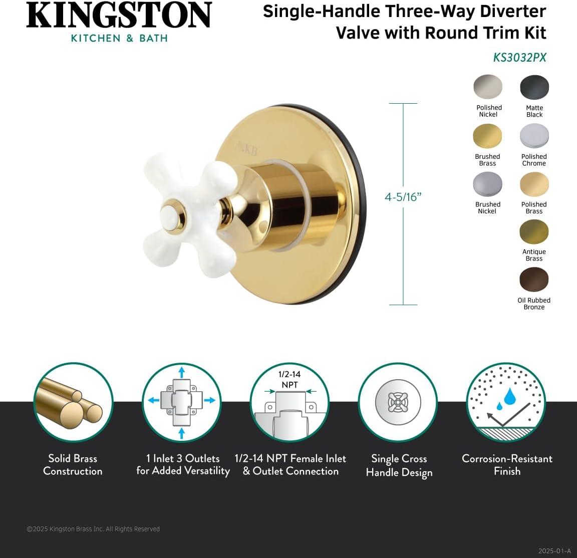 Kingston Brass Single-Handle Wall Mount Three-Way Diverter Valve with Trim Kit