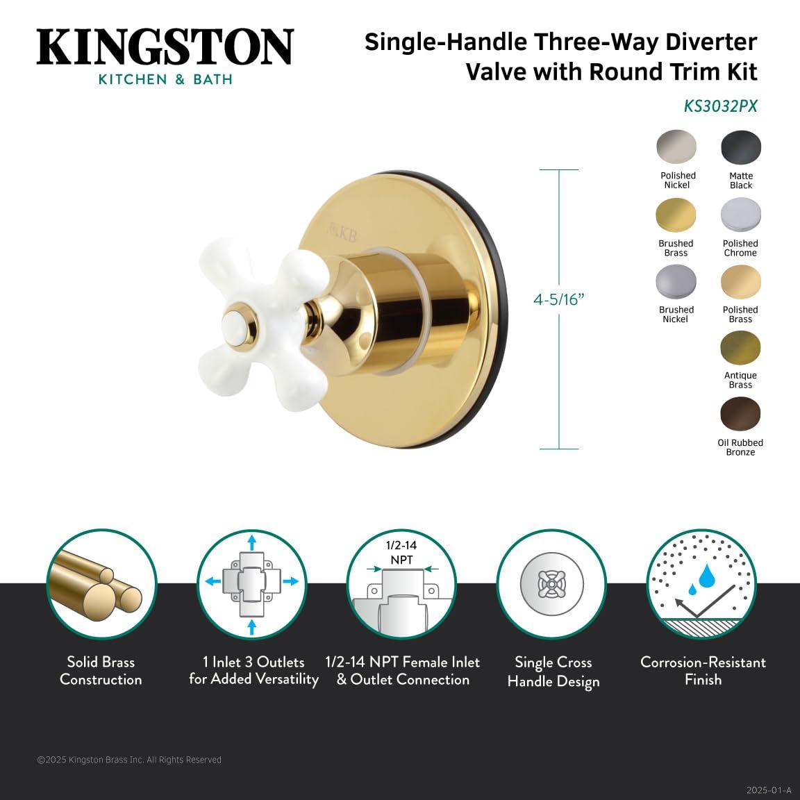 Kingston Brass Single-Handle Wall Mount Three-Way Diverter Valve with Trim Kit