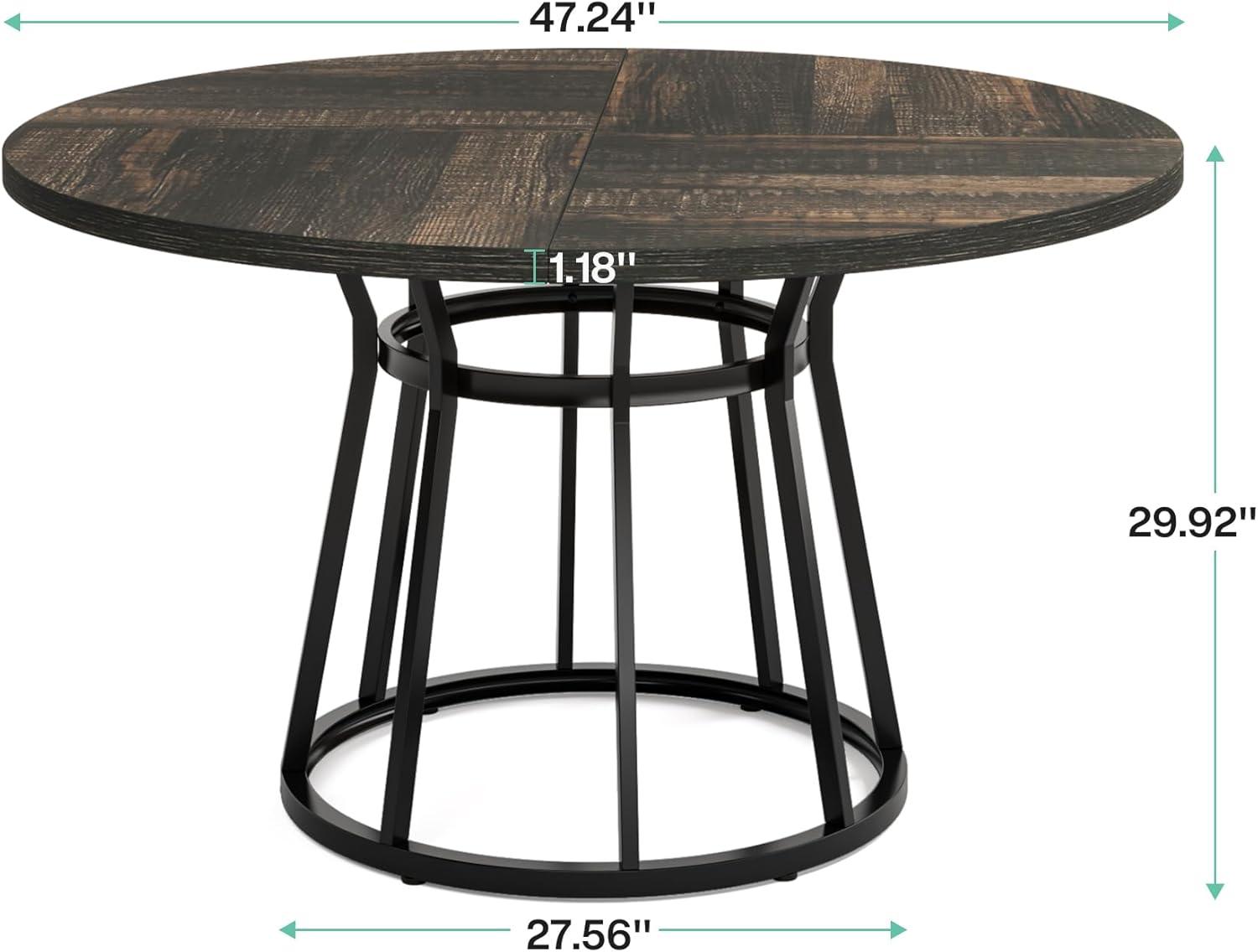 47-Inch Round Brown Wood Dining Table with Black Metal Base