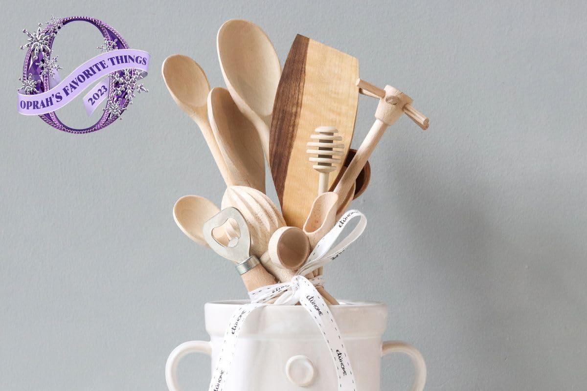 Small White Ceramic Crock with Wooden Utensils Set