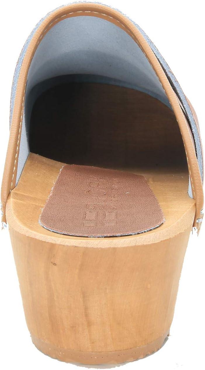 Brown Genuine Leather Open Back Clogs with Wood Sole