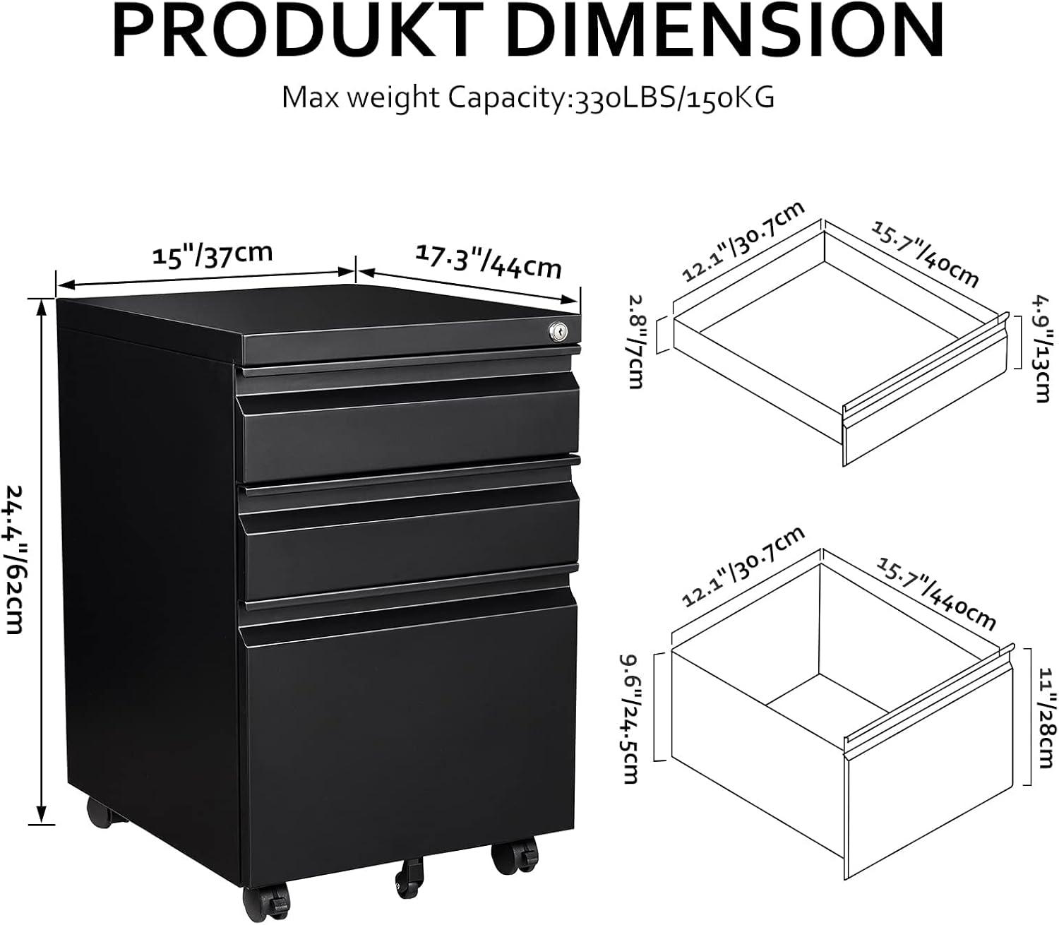 3 Drawer File Cabinet with Wheels, Metal Filing Cabinet with Lock, Office Rolling File Cabinets for A4/Legal/Letter Size, Assembly Required, Black