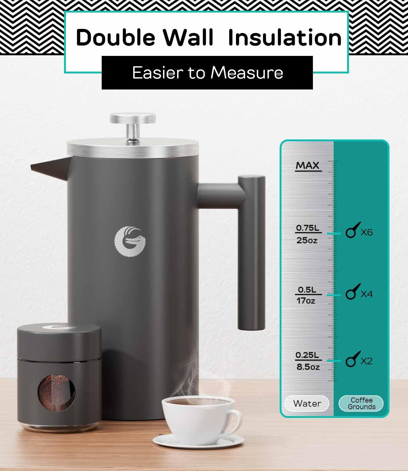 Gray Stainless Steel Thermal French Press Coffee Maker with Travel Jar