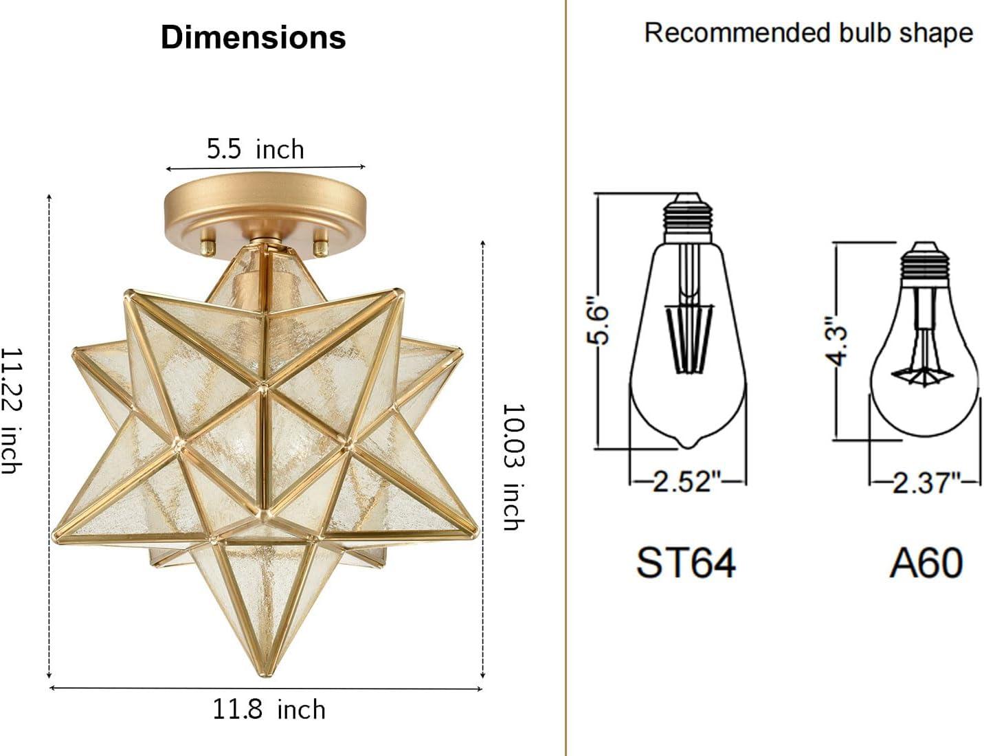 12-Inch Brass Moravian Star Ceiling Light with Glass Shade