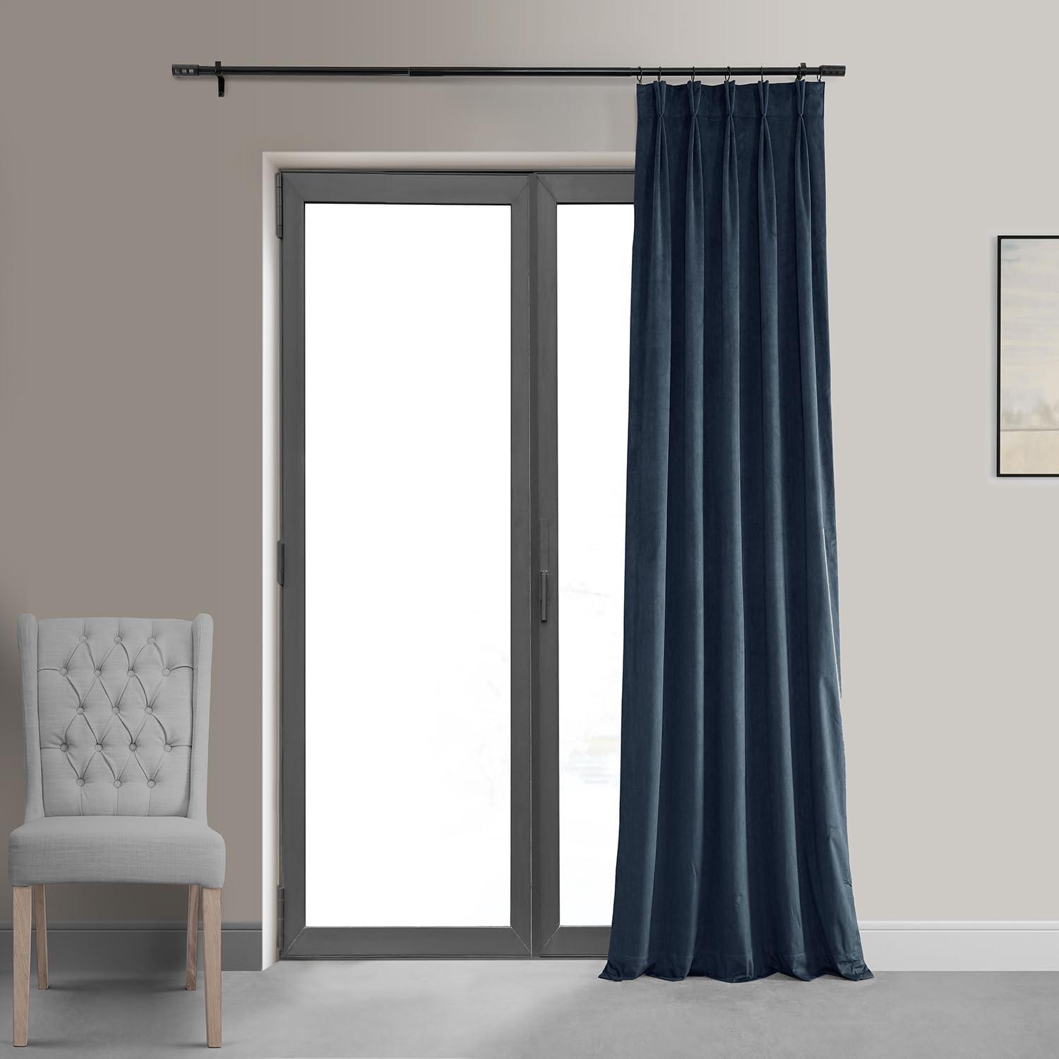 Half Price Drapes Signature Midnight Blue French Pleat Velvet Blackout Curtains(1 Panel), 50WX 120L