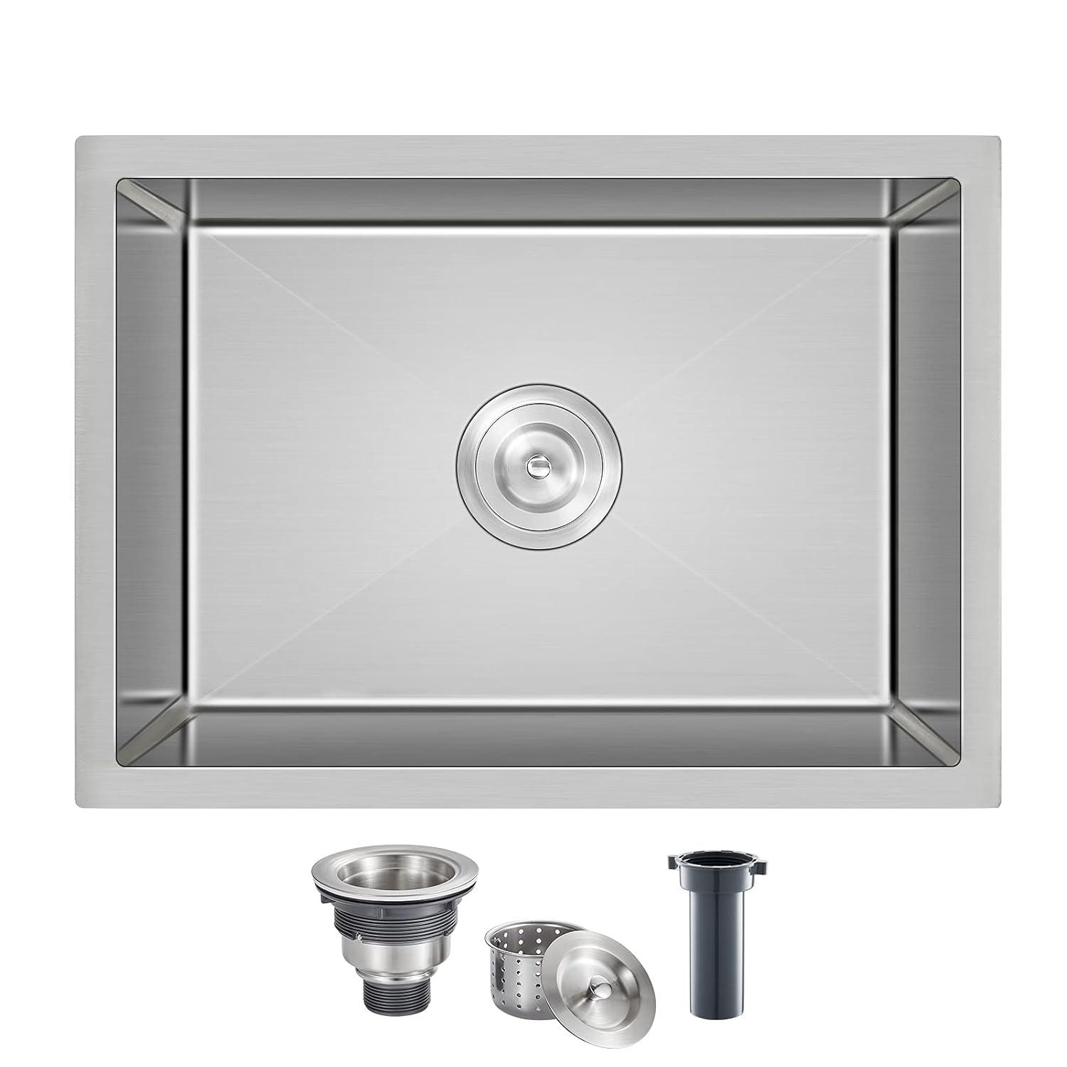 MENATT 22 inch Undermount Kitchen Sink, 22" x 18" Single Bowl Kitchen Sink Undermount Stainless Steel Handmade Bar Sink with Basket Strainer(Brushed)