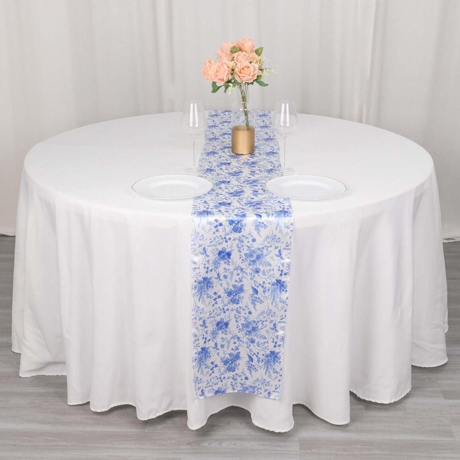 Efavormart 12"x108" White Blue Chinoiserie Floral Print Satin Table Runner
