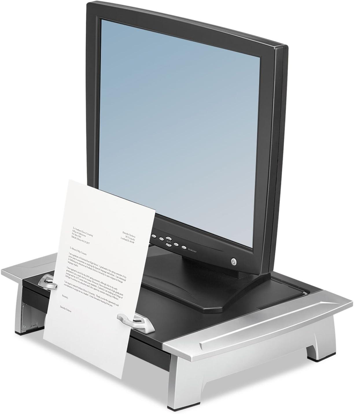 Black and Silver Adjustable Monitor Riser with Document Holder