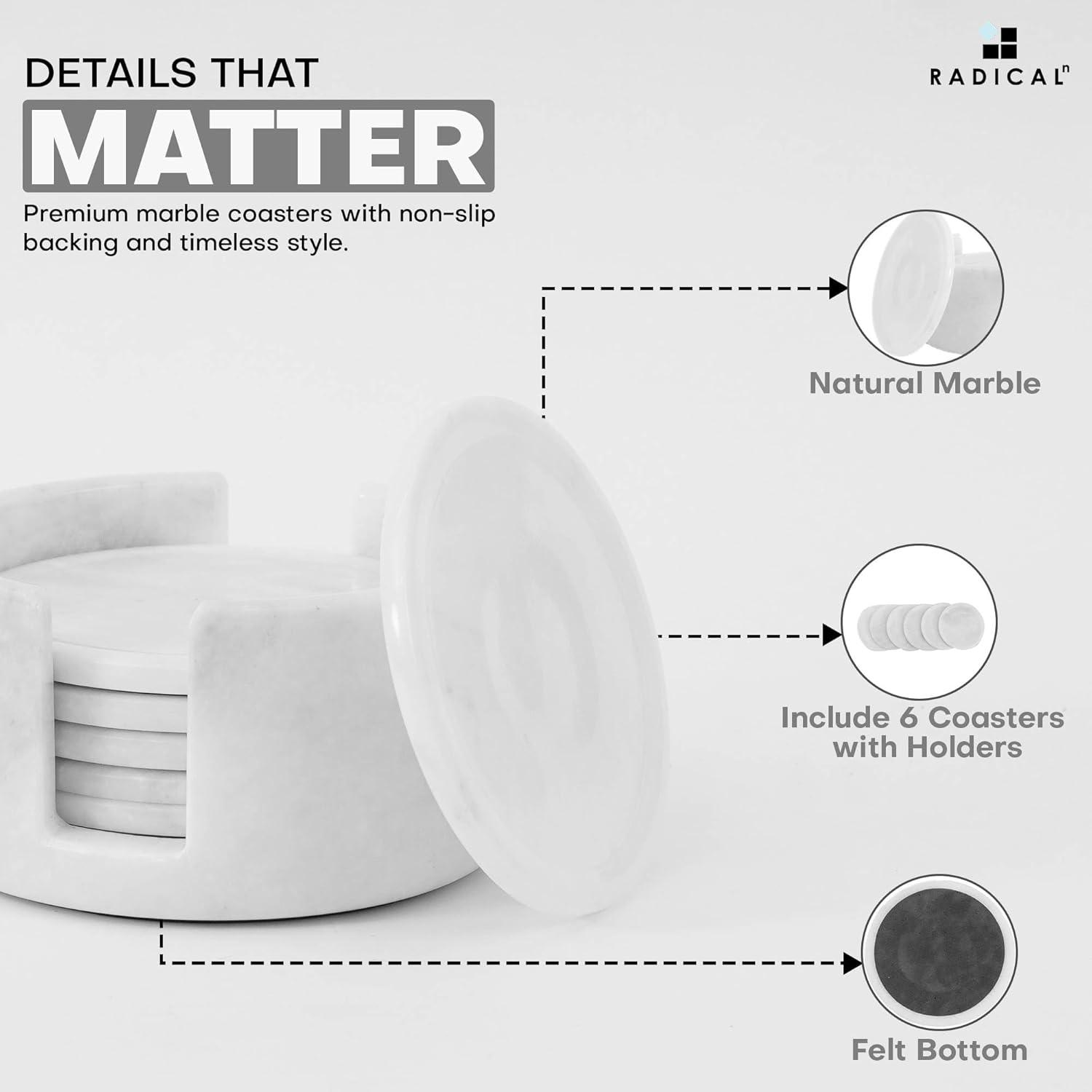Radicaln White Marble Drink Coasters with Holder – 3.5" Round Handmade Coasters Set of 6 for Kitchen Table, Coffee Table, Bar, Home and Office Décor