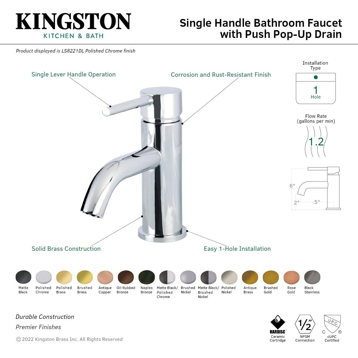 Kingston Brass Concord Single-Handle 1-Hole Deck Mount Bathroom Faucet with Push Pop-Up