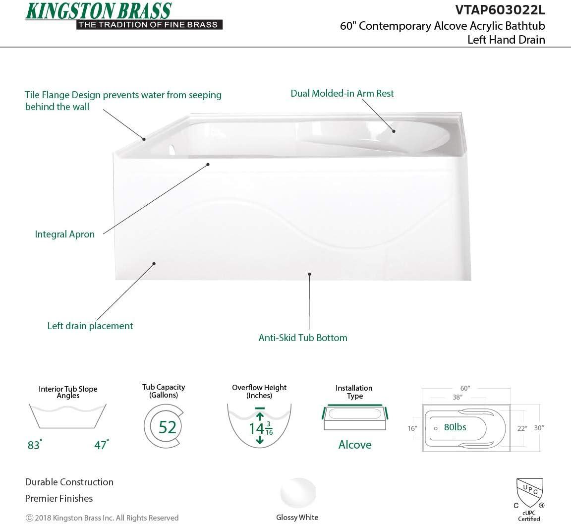 Kingston Brass Aqua Eden 60-Inch Acrylic Rectangular 3-Wall Alcove Tub with Anti Skid and Drain Hole