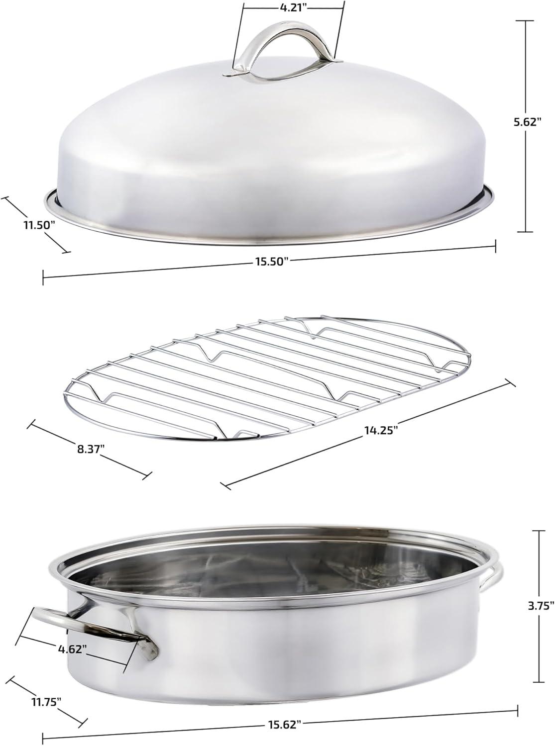 OVENTE Kitchen Oval Roasting Pan 16 Inch Baking Tray with Lid and Rack, Silver CWR32161S