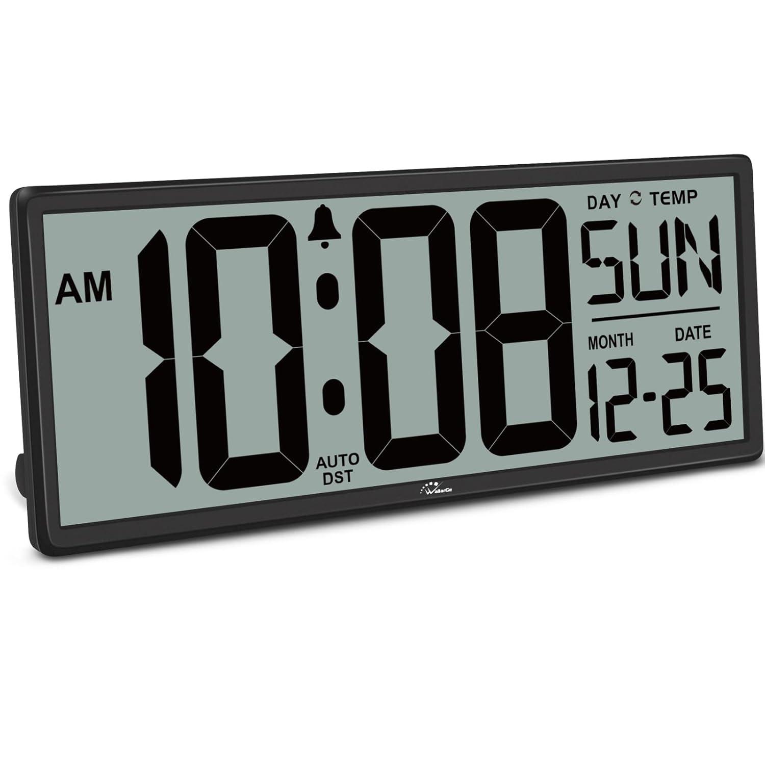 14.5" Large Digital Wall Clock Battery Operated with Jumbo Numbers Digits LCD Screen Display,Temperature,Day and Date,Alarm,Easy to Read and Set, Auto DST for Bedroom,Office,Living Room（Black）