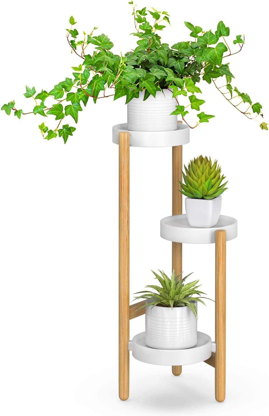 Natural Bamboo 3-Tier Corner Plant Stand with White Pots