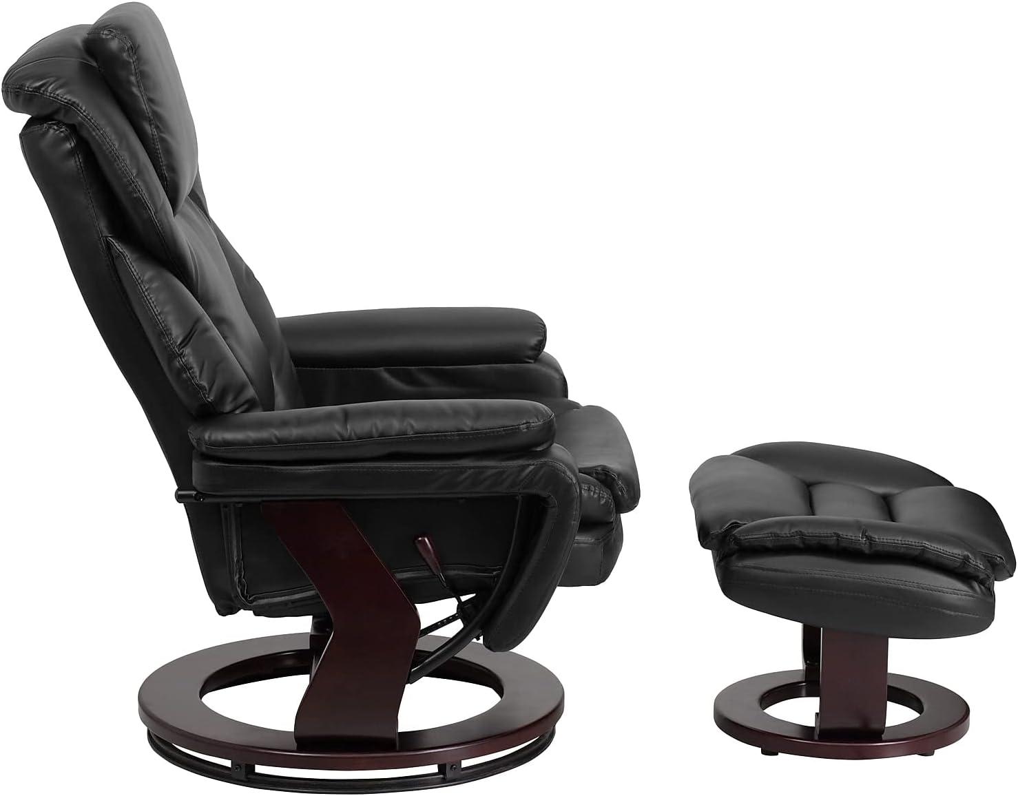 Black Leather Swivel Recliner with Ottoman and Wood Base