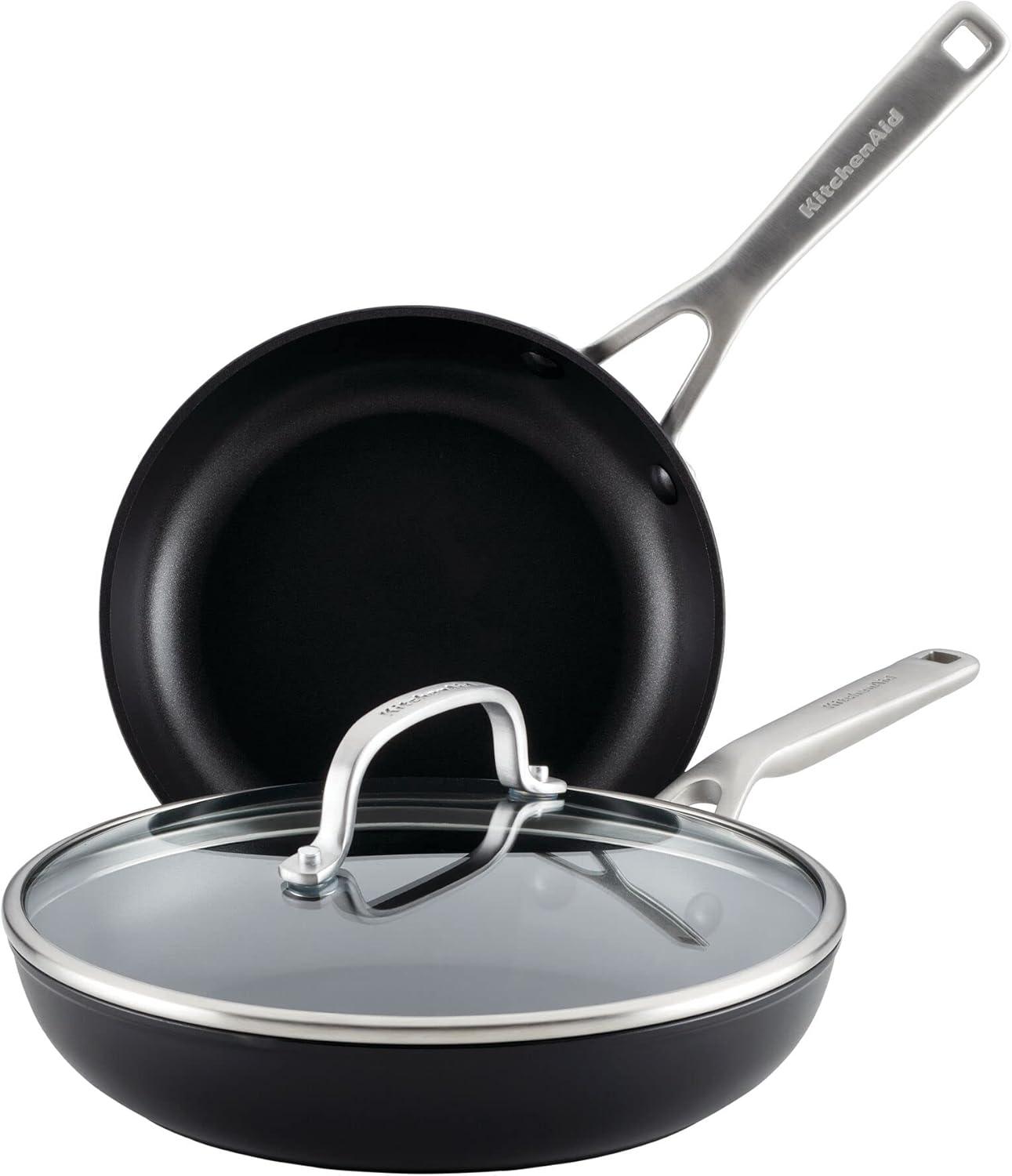 Matte Black Aluminum Nonstick Frying Pan Set with Lid, 3-Piece