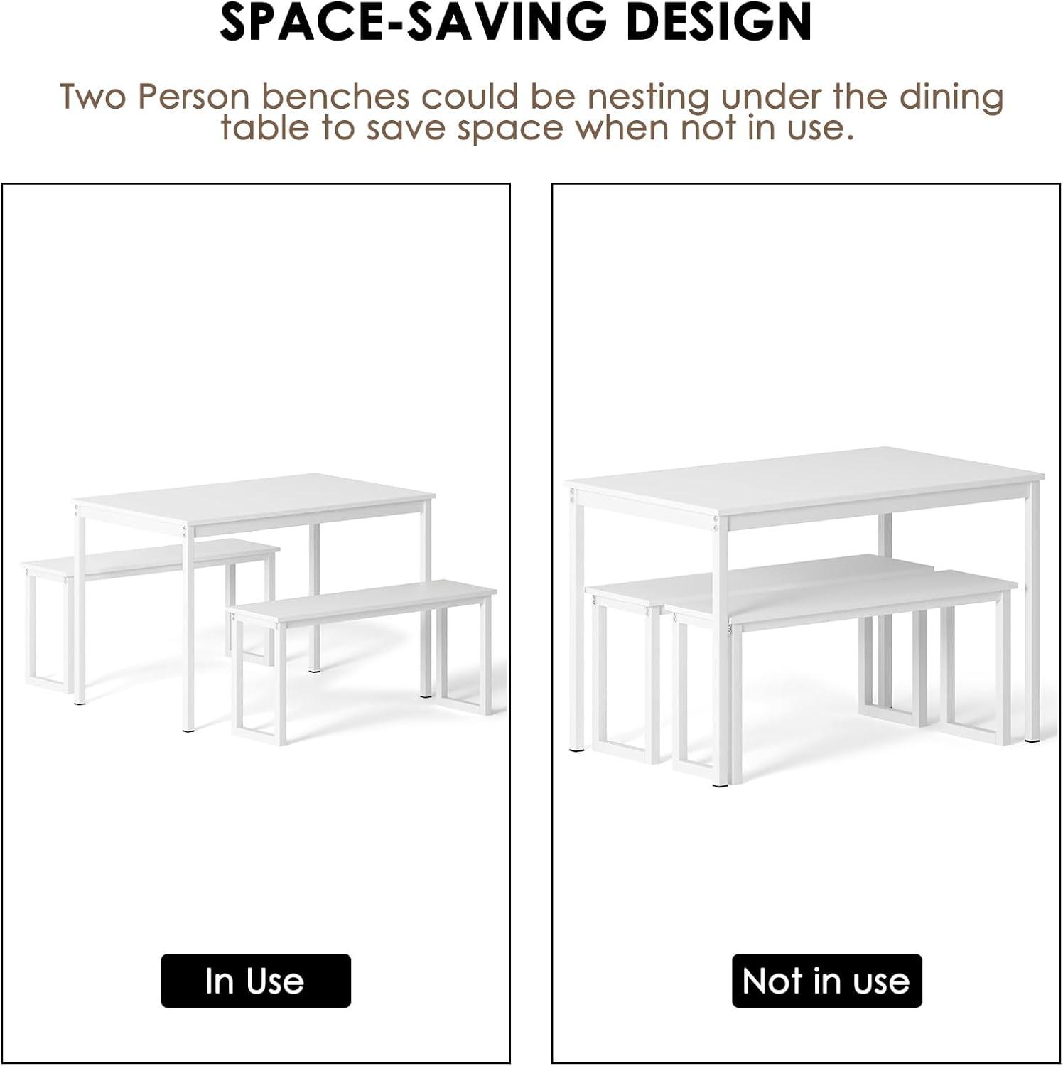 SogesPower Modern Dining Table Set with 2 Benches, 3 Piece Dining Table Set- White