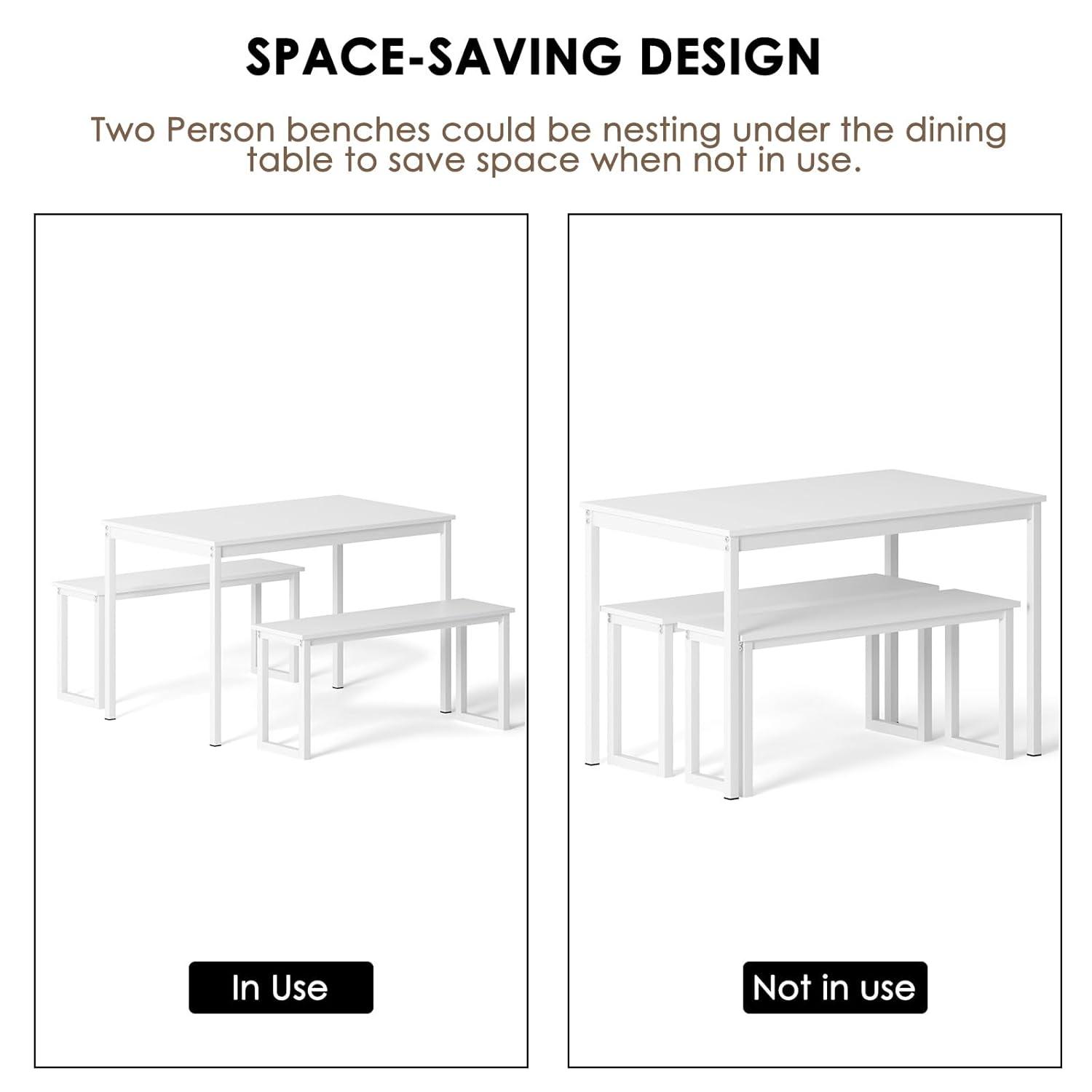 SogesPower Modern Dining Table Set with 2 Benches, 3 Piece Dining Table Set- White