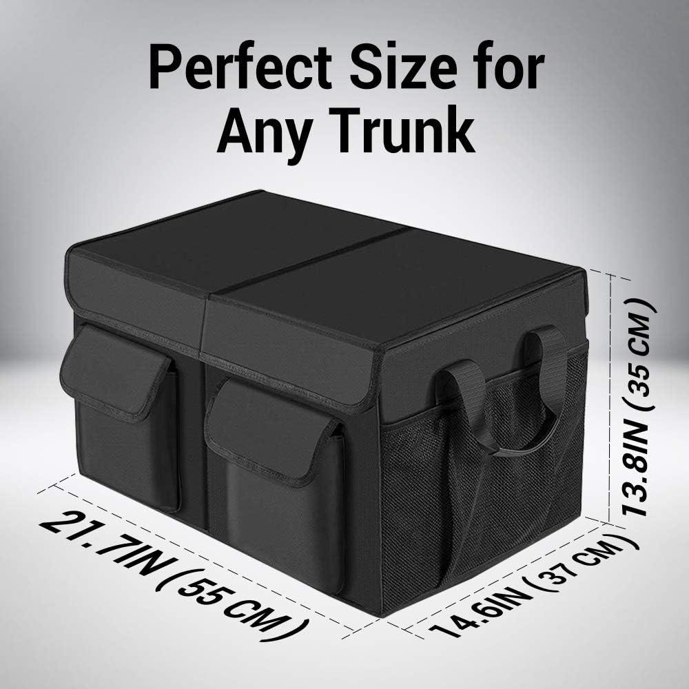 MIU COLOR Car Trunk Organizer with Lid, Collapsible Car Storage Organizer with Reinforced Leather Handles, Non-Slip Bottom, Trunk Organizer for SUV, Van, Jeep (Black with Strap, Extra Large)