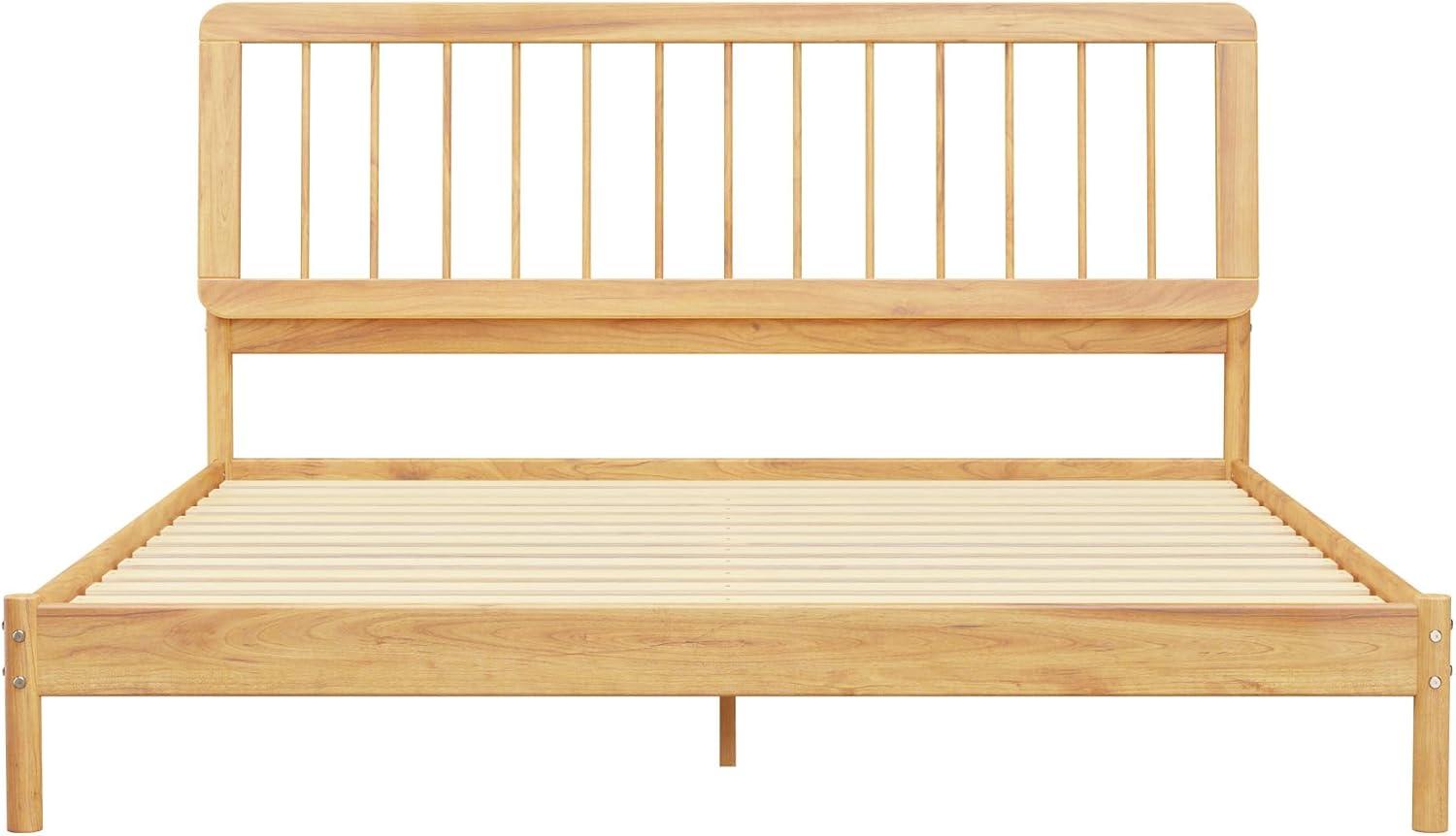 Mid-Century Modern Solid Wood King Spindle Bed – Natural Pine