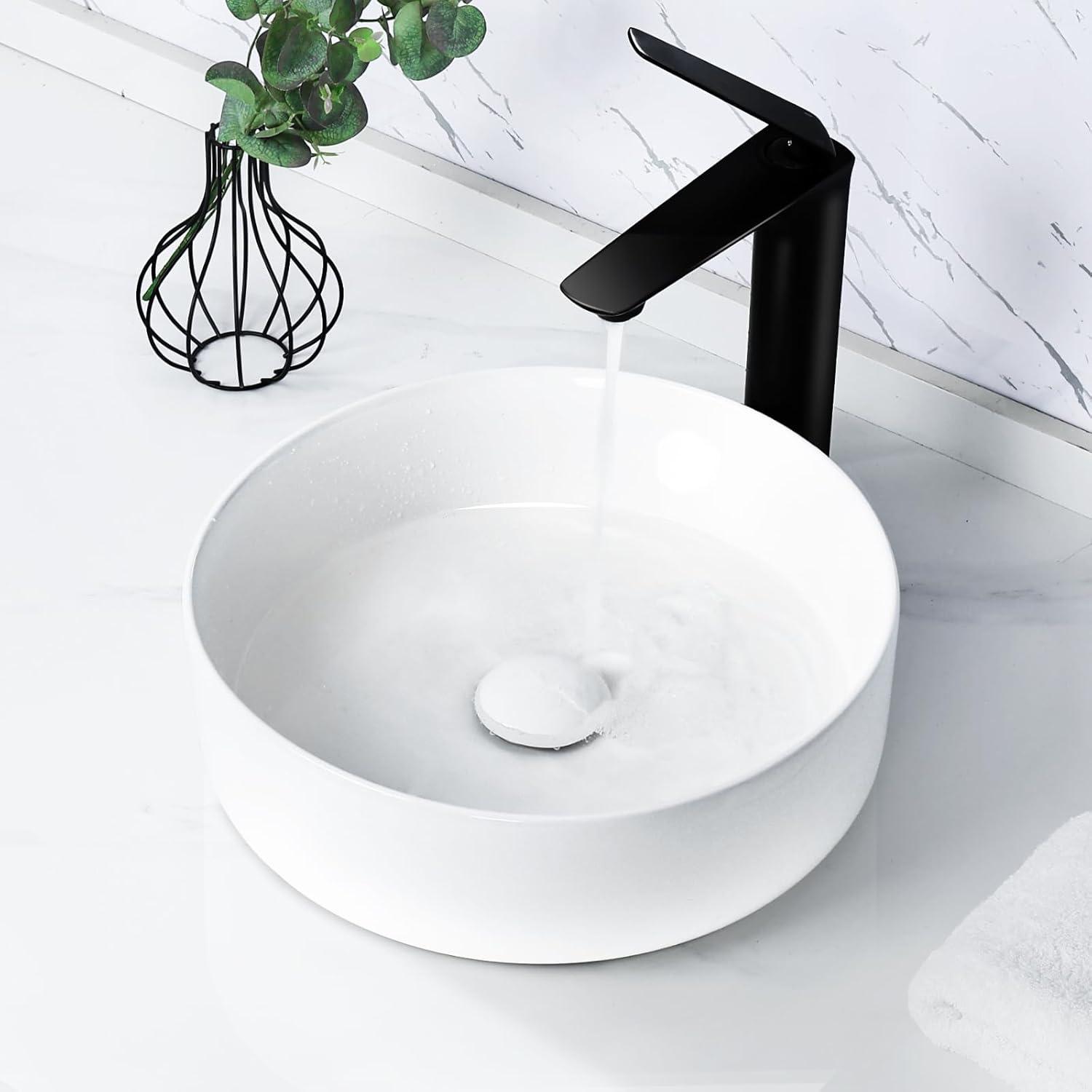 Davivy 14.2'' White Ceramic Circular Vessel Bathroom Sink with Pop Up Drain