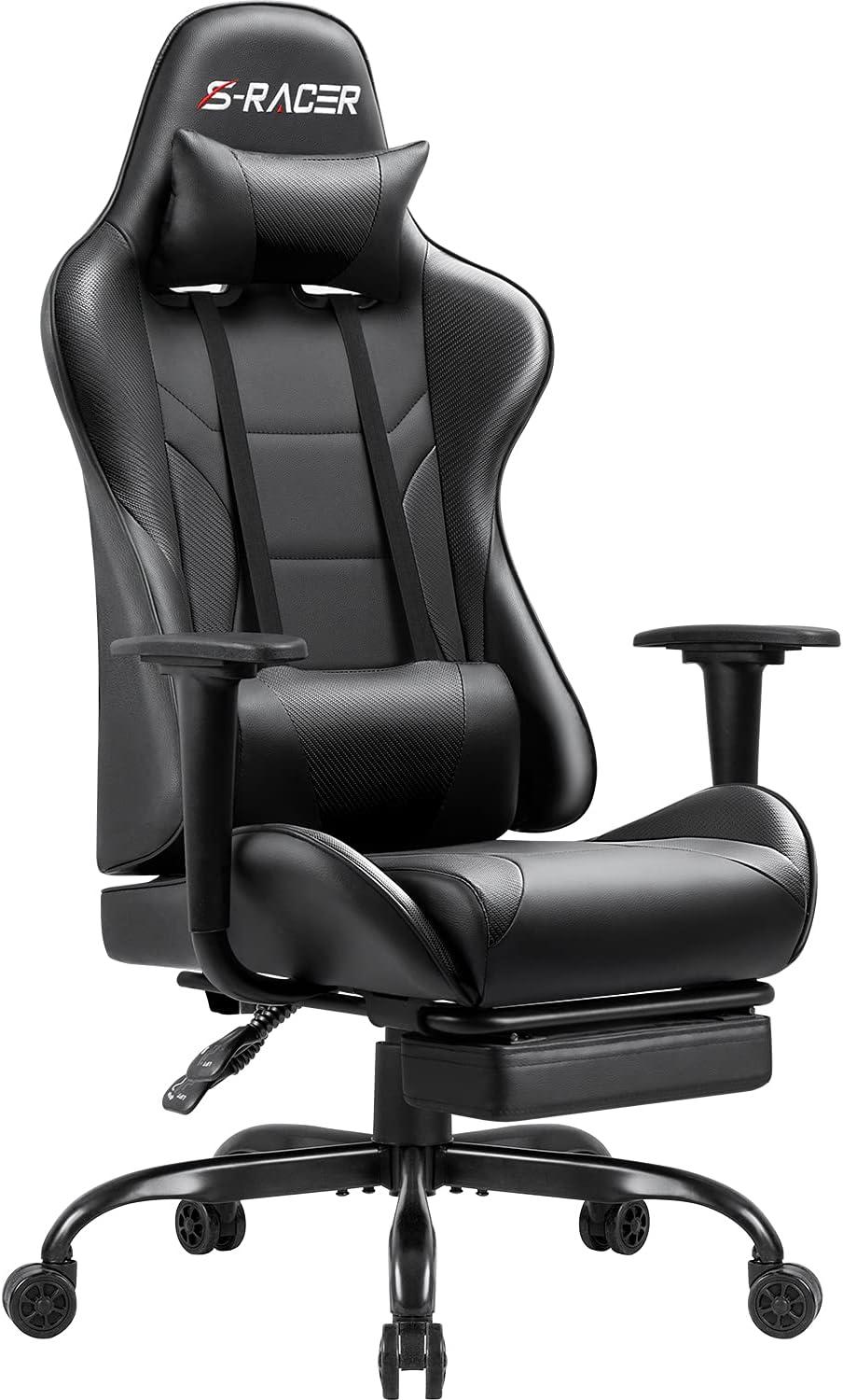 Killeryuki Gaming Chair Massage Computer Office Chair Ergonomic Desk Chair with Footrest Racing Executive Swivel Chair Adjustable Rolling Task Chair (Black)