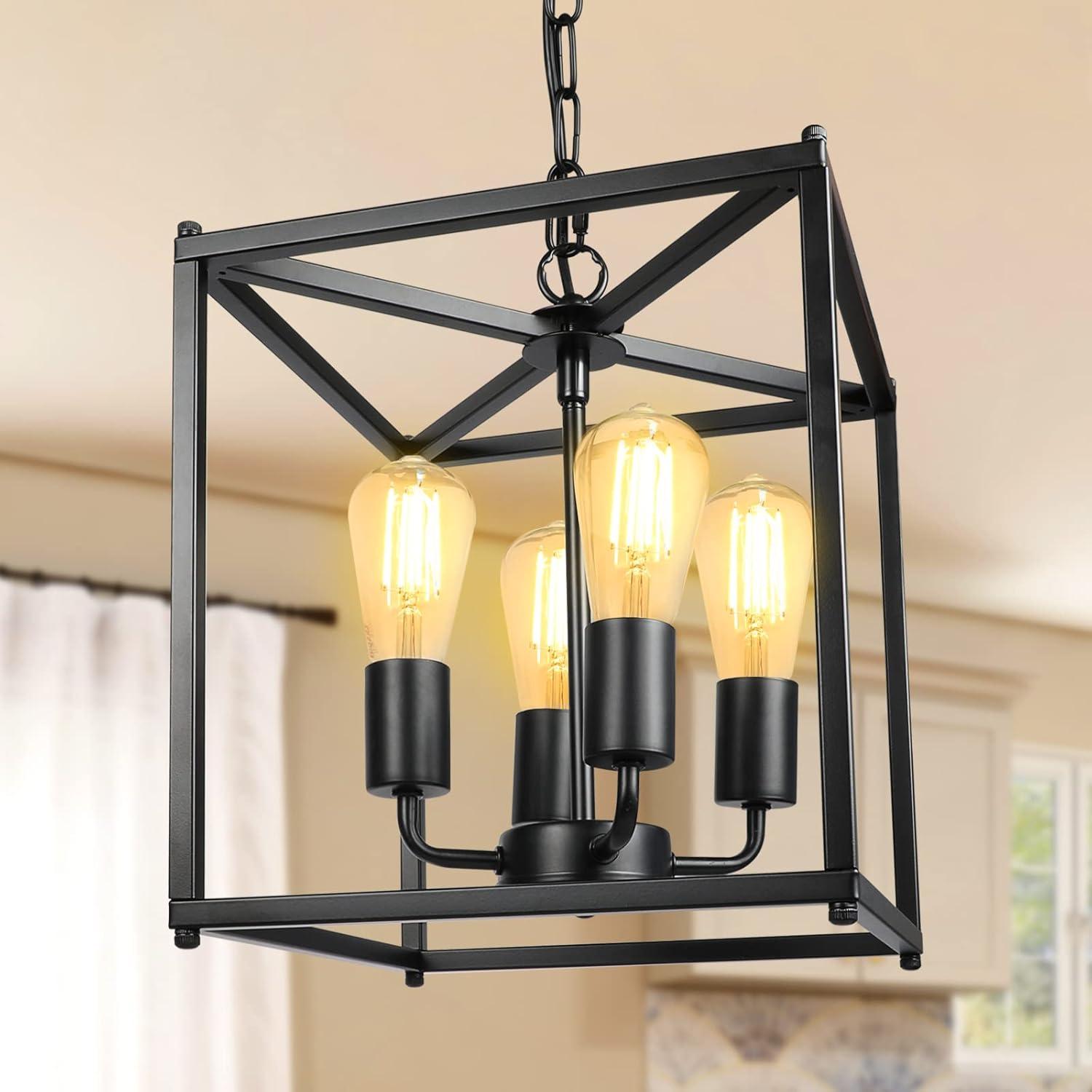 4 Light Chandelier, Industrial Ceiling Light Black Lantern Light Fixtures with Farmhouse Metal Cage Adjustable Height Rustic Geometric Hanging Light E12 Base for Kitchen Island, Entryway, Indoor