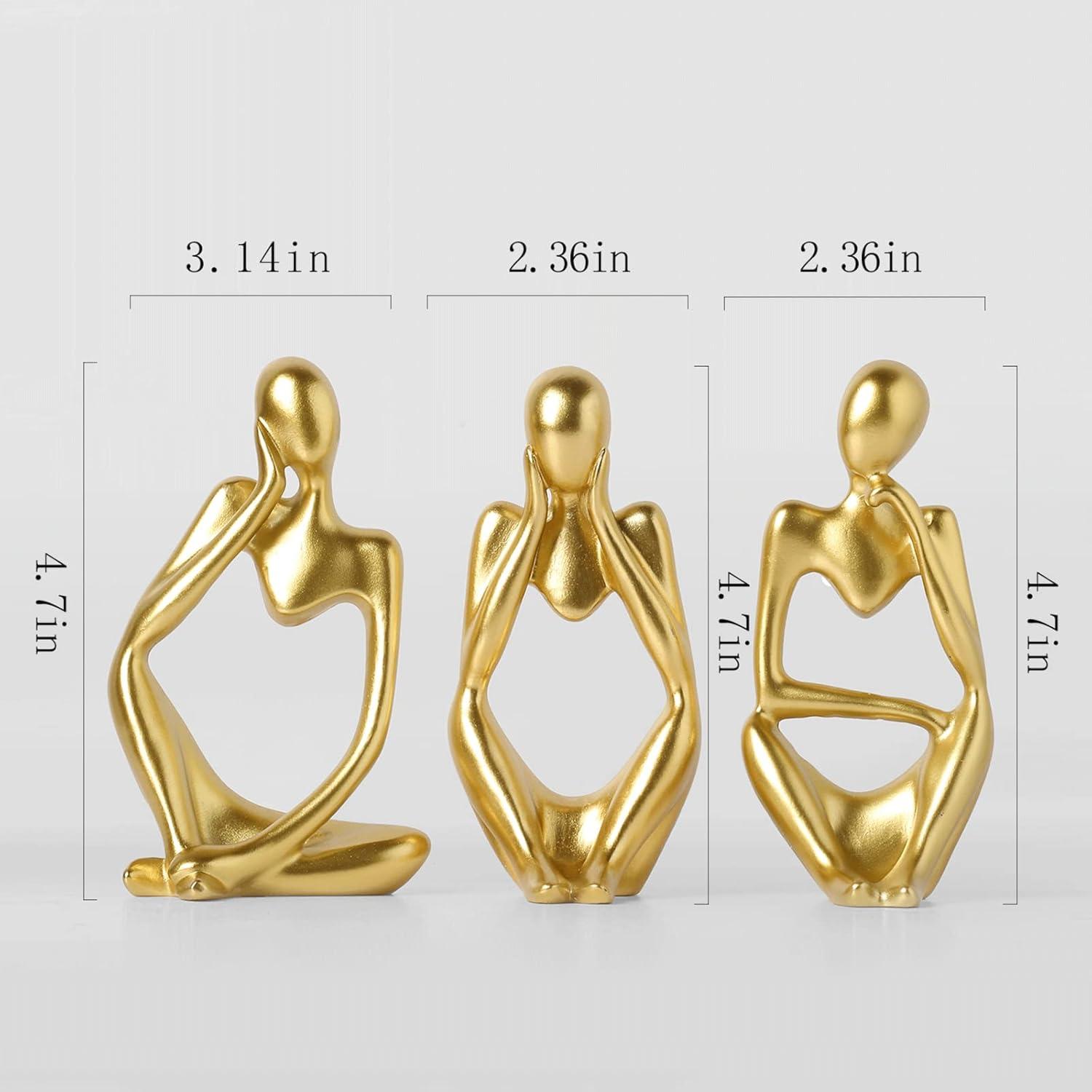 3pcs Modern Abstract Statues Sculpture,Resin Artistic Thinker Figure Thinking Man Figurines Desktop Decorations Artist Crafts for Home Office Shelf Bookshelf Decor,Gold