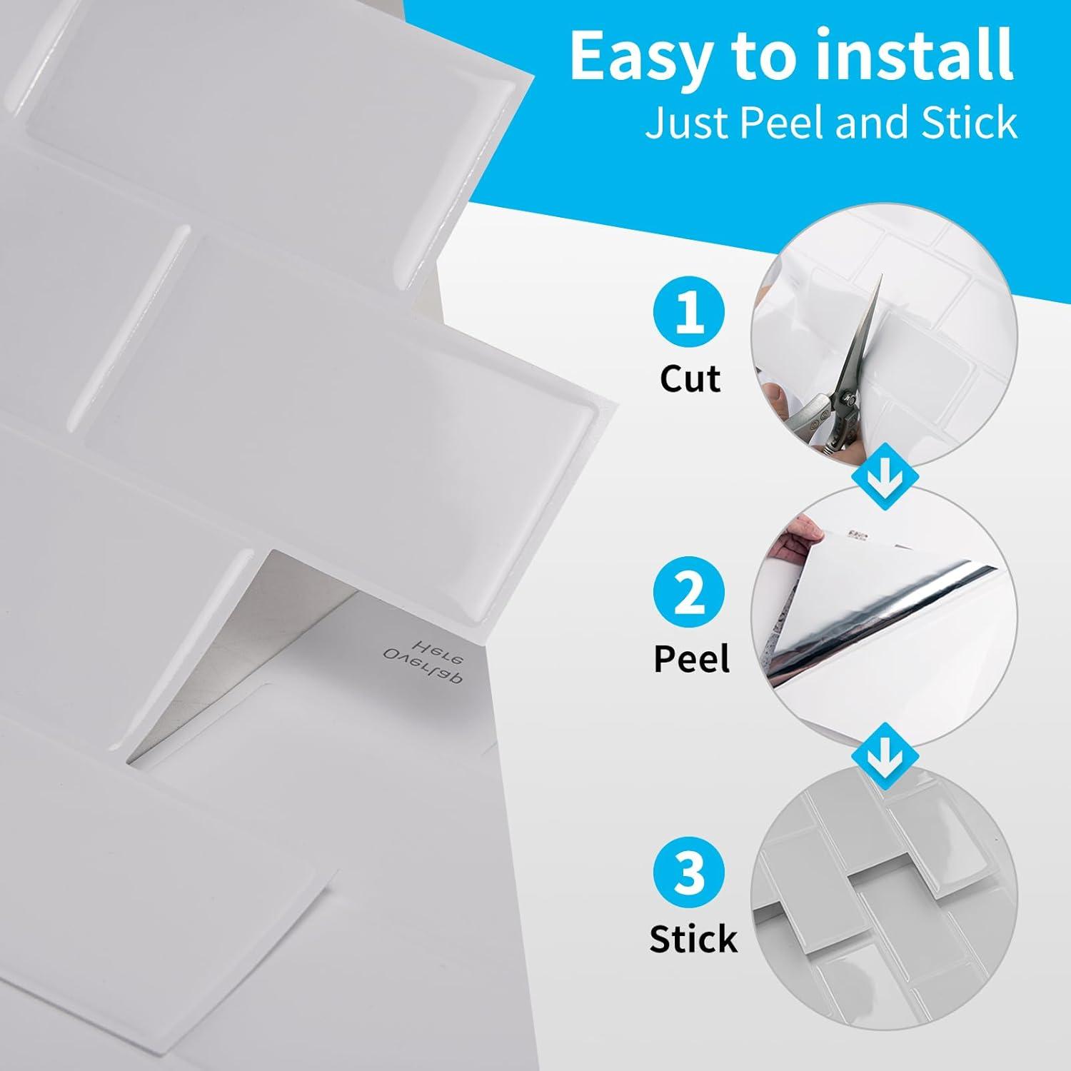 Art3d 10-Sheet Peel and Stick Backsplash Tile for Kitchen, Textured Self-Adhesive Subway Wall Tile for Kitchen Bathroom Laundry Room, Enhanced Backing Adhesion & Thicker Design - 12"x12" White