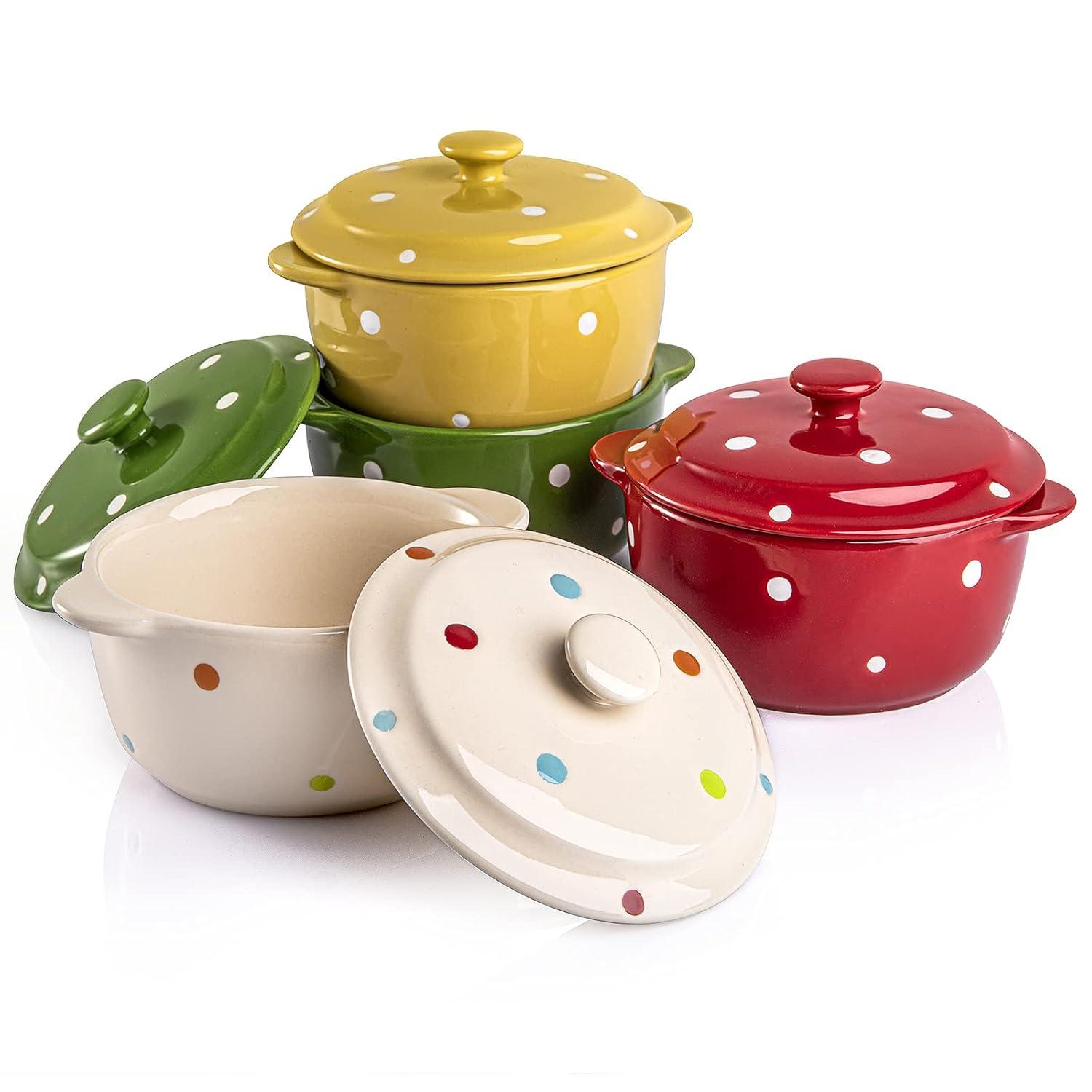 AVLA 4 Pack Porcelain Ramekins, 9 OZ Mini Casserole Bowl with Lid and Handle, Ceramic Souffle Soup Creme Brulee Bowls, Oven Safe, Mini Casserole Dish (Polka Dot, Assorted Color)