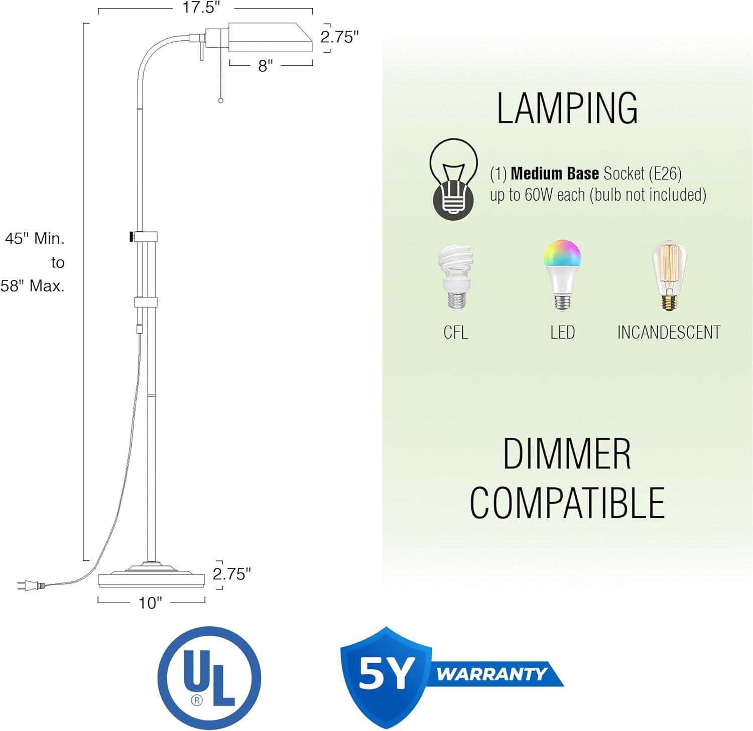 GOURE Prescott 58" Modern Industrial Adjustable Standing Pharmacy Floor Lamp, Dark Bronze Finish, Includes 6W LED Bulb (60W eq.) Energy Efficient, Eco-Friendly, Pivot Head for Hobby/Precise Task