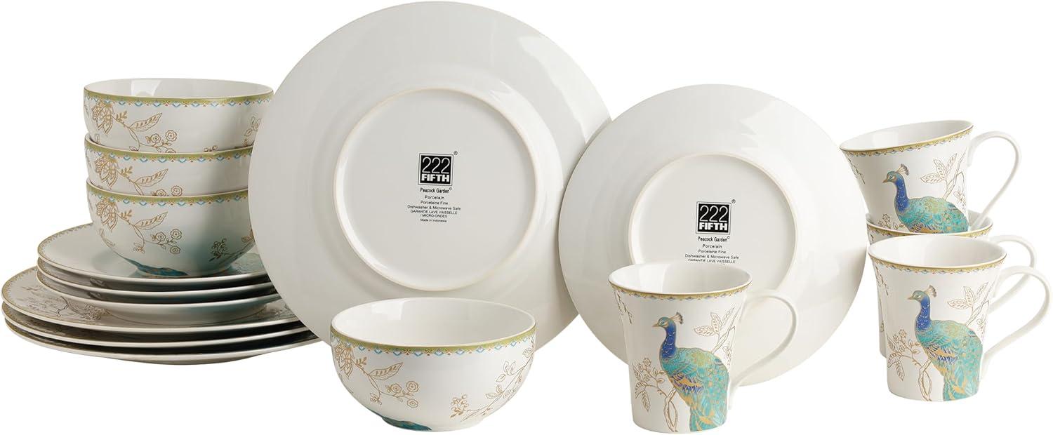 222 Fifth Peacock Garden Porcelain 16pc Dinnerware Set White: Round Dish Set, Service for 4, Bird Pattern, Dishwasher-Safe