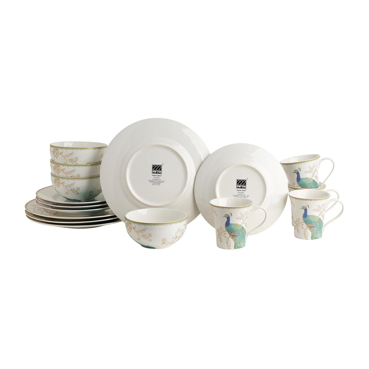 222 Fifth Peacock Garden Porcelain 16pc Dinnerware Set White: Round Dish Set, Service for 4, Bird Pattern, Dishwasher-Safe
