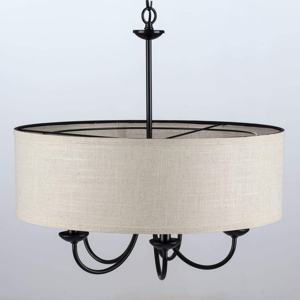 Progress Lighting, Drum Shade Collection, 5-Light Pendant, Black Finish, Harvest Linen Shade