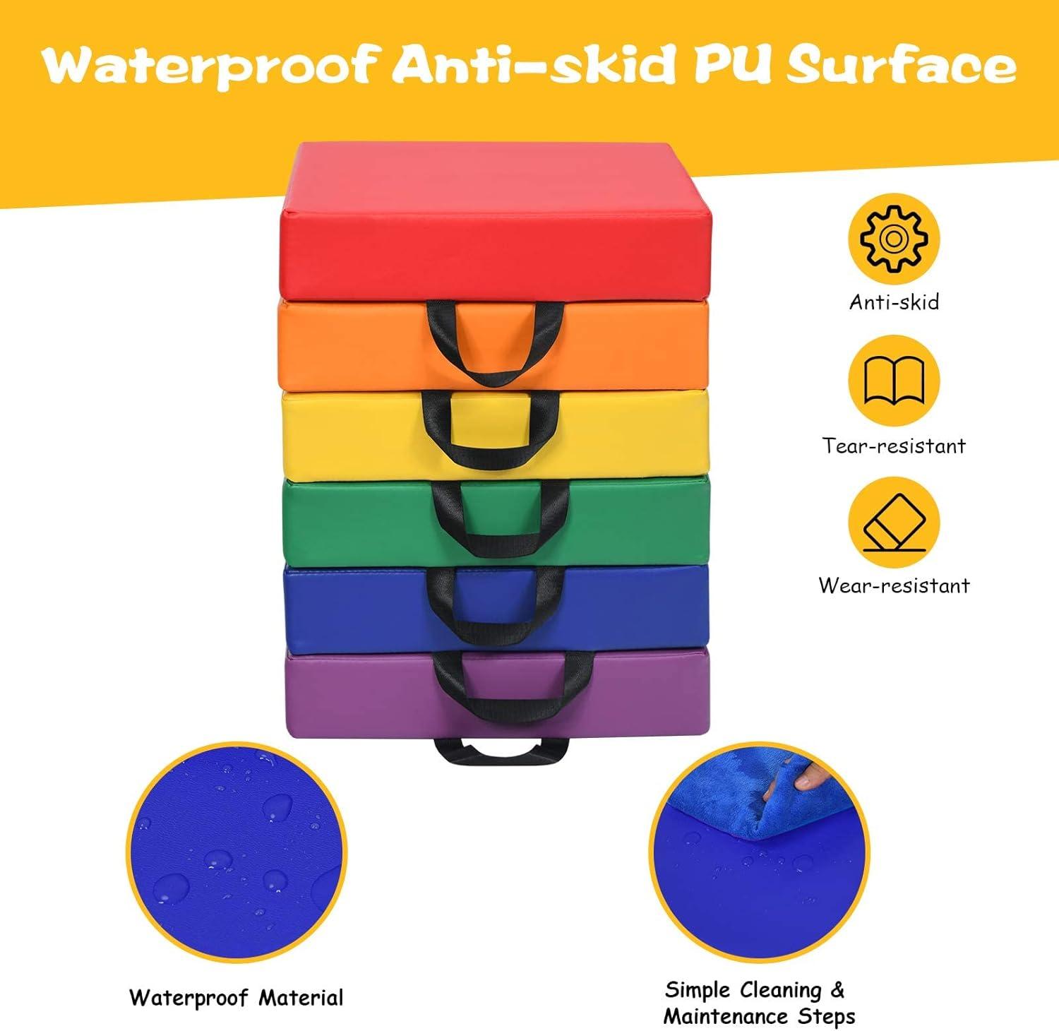 KOTEK 6 Pcs 15'' Kids Floor Cushions with Handles, 3'' Thick Foam Circle Floor Seats, Soft Flexible Seating for Classroom Elementary, School, Daycare, Kindergarten, Preschool, Playroom(Square, Red)