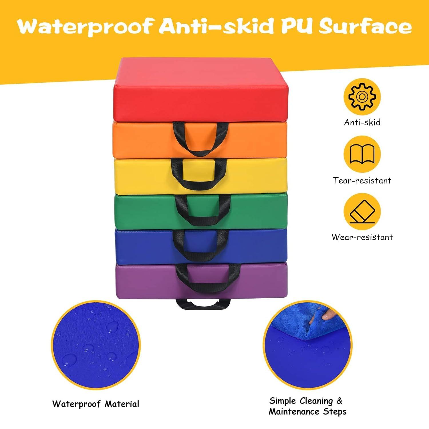 KOTEK 6 Pcs 15'' Kids Floor Cushions with Handles, 3'' Thick Foam Circle Floor Seats, Soft Flexible Seating for Classroom Elementary, School, Daycare, Kindergarten, Preschool, Playroom(Square, Red)