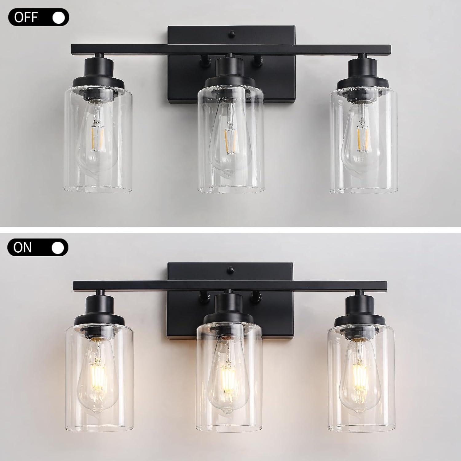 3-Light Bathroom Light Fixtures Bathroom Vanity Lights with Clear Glass Shades Matte Black Bathroom Light Fixtures over mirror for Mirror Living Room Cabinet Bedroom Porch