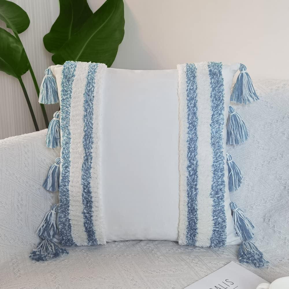 White and Blue Boho Tufted Velvet Pillow Covers with Tassels, 18"x18", Set of 2
