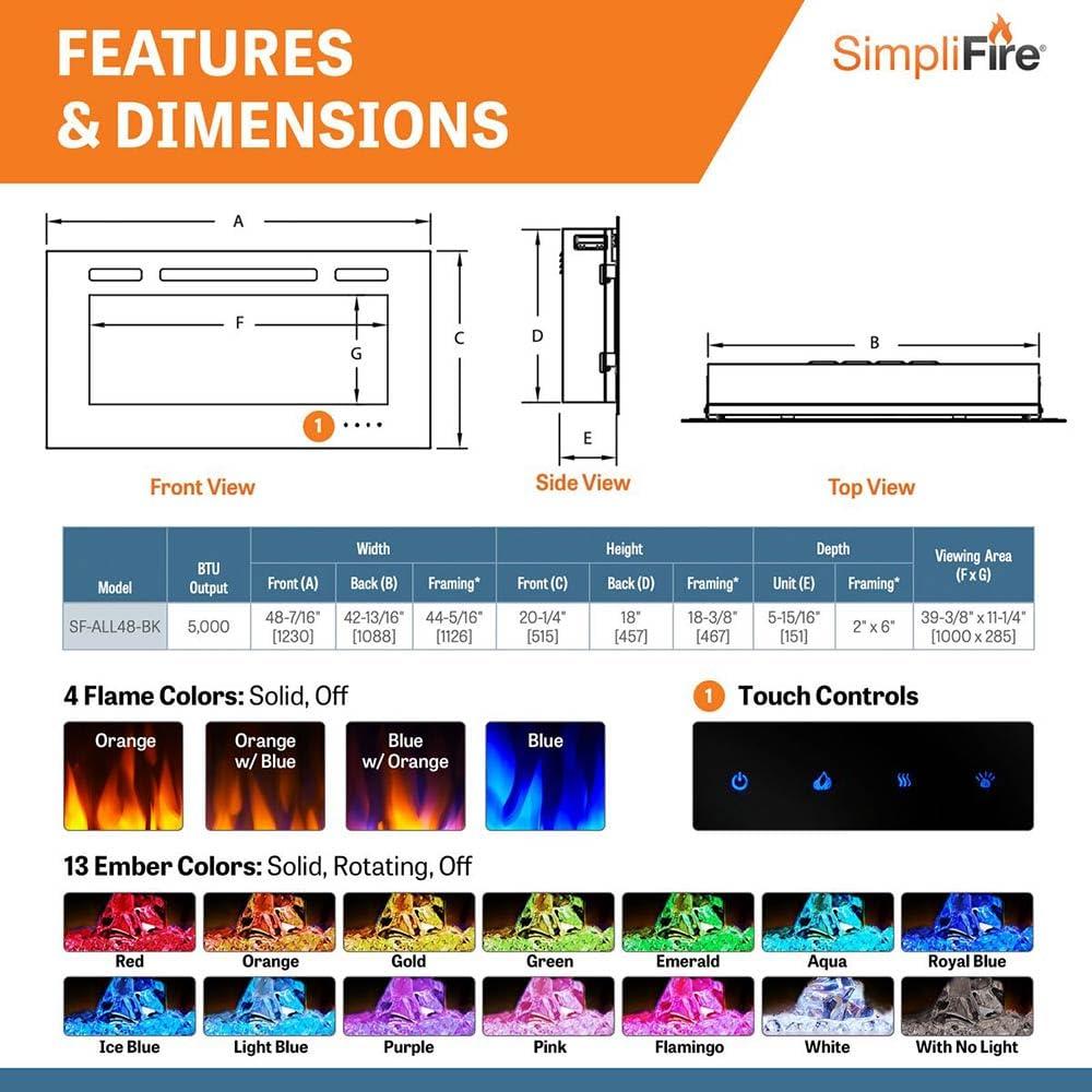 SimpliFire Allusion 60.25" W x 20.25" H x 5.6" D Wall Mount Electric Fireplace - Black, SF-ALL60-BK