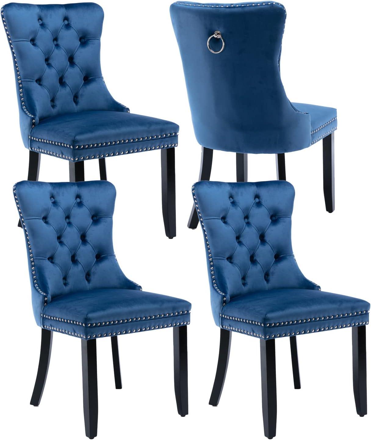 ODUSE-DAILY Velvet Dining Chairs Set of 4, Navy Kitchen & Dining Room Chairs, Tufted Dining Chairs, Fabric Upholstered, Solid Wood, Sillas De Comedor (Blue, 4 Pcs)