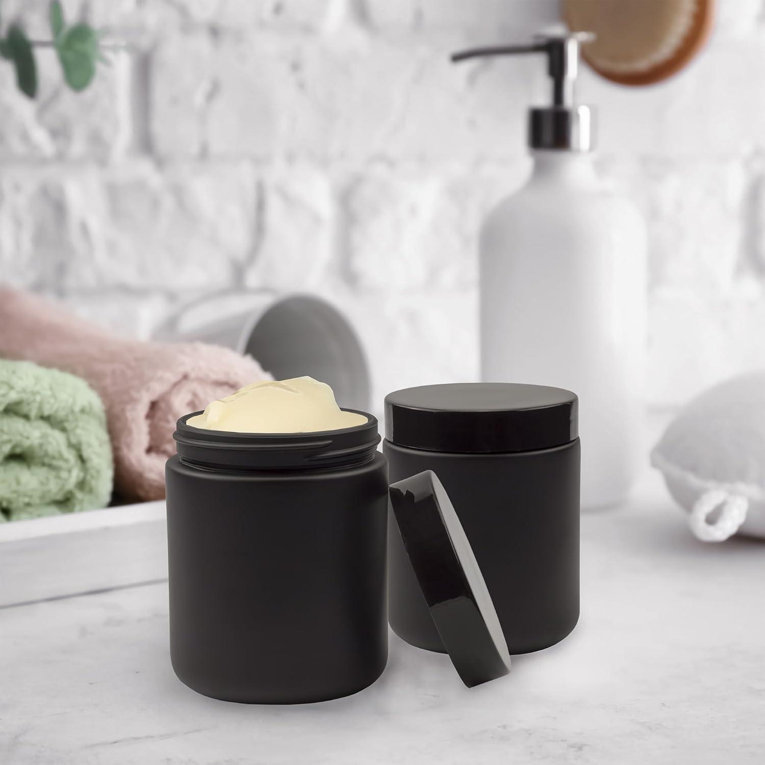 Cornucopia Brands 8oz /9oz Black Matte Coated Glass Cosmetic Jars (6pk) w/ Black Plastic Lids; Straight Sided for Body Butter, Creams, Scrubs