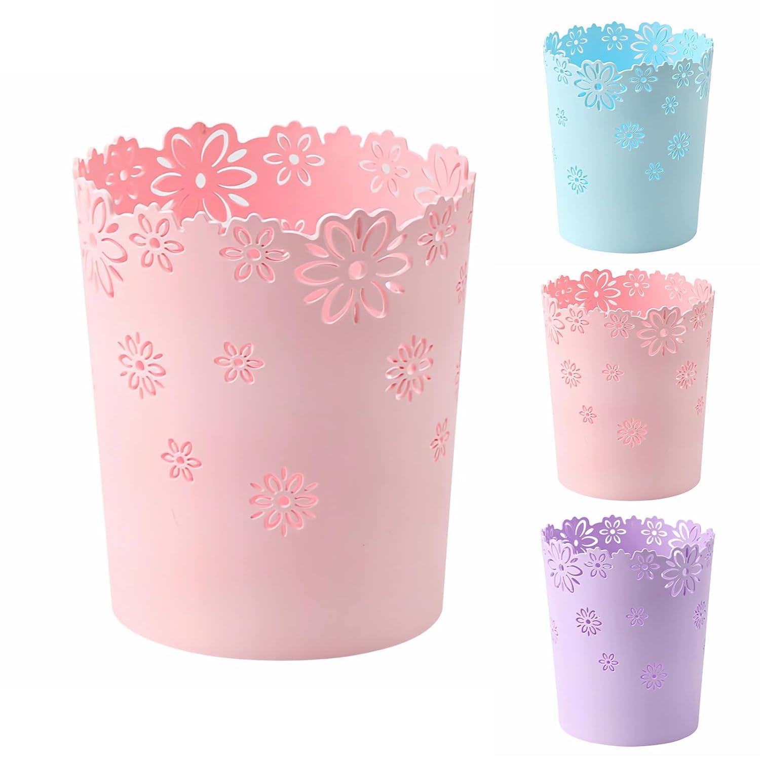 Blue and Pink Floral Pattern Plastic Wastebasket