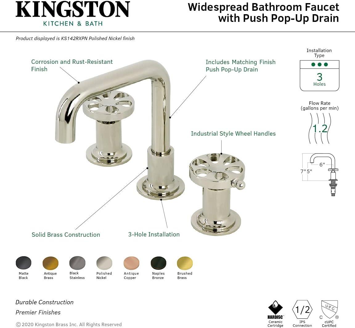 Kingston Brass Belknap Two-Handle 3-Hole Deck Mount Widespread Bathroom Faucet with Push Pop-Up Drain
